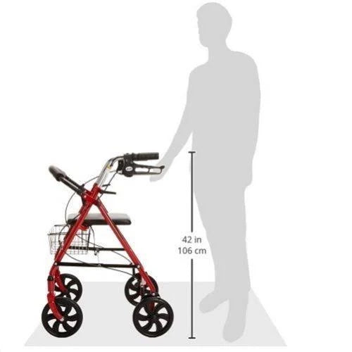 Red Four Wheel Rollator Walker with Fold Up Removable Back Support V9553