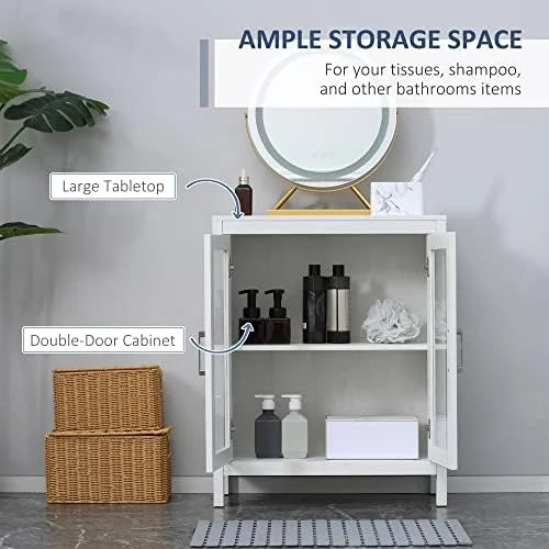 White Wooden Bathroom Floor Cabinet with Double Glass Doors and Adjustable Shelves L965