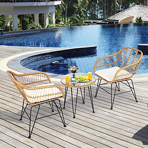 3 Pieces Outdoor Wicker Bistro Set with Cushions D914