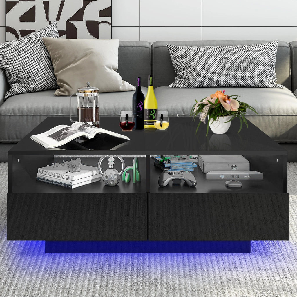 Black LED Coffee Table with 4 Drawers H568882