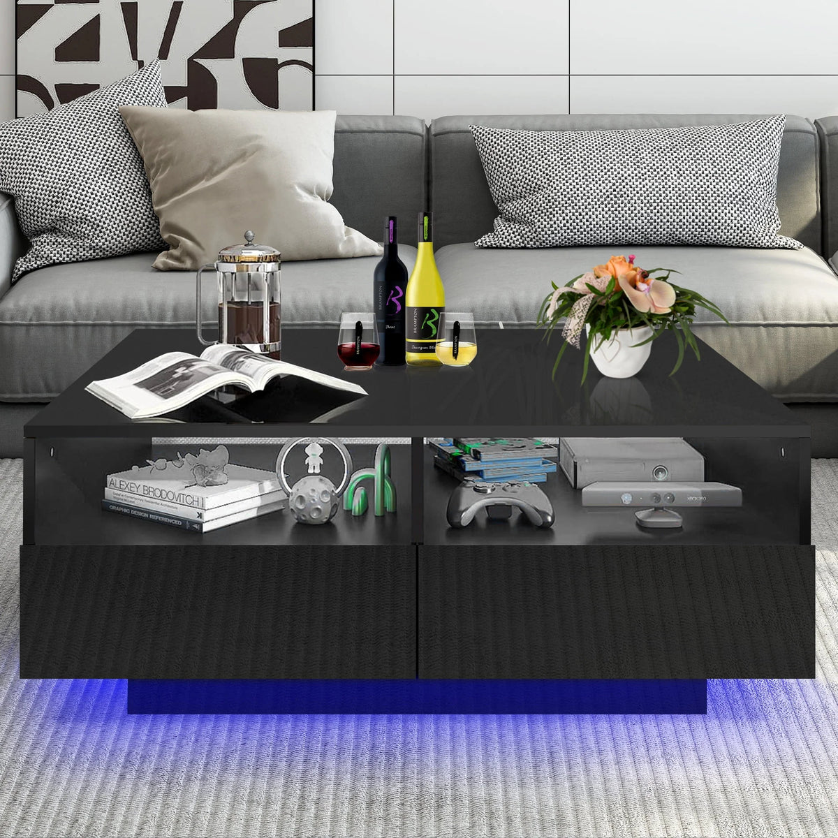 Black LED Coffee Table with 4 Drawers H568882