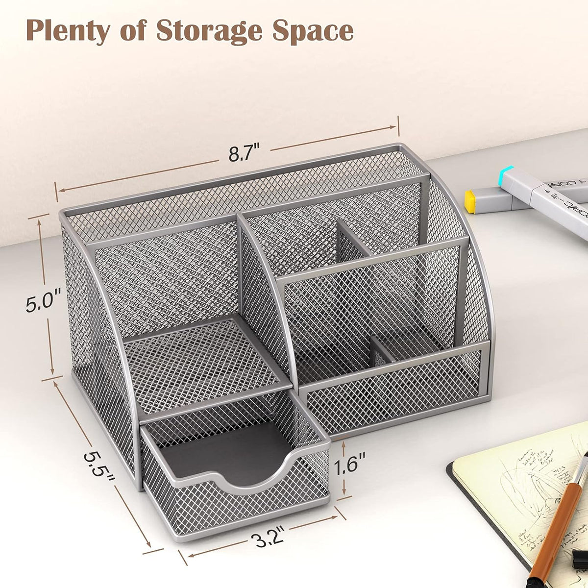 Metal 6 Compartment Desk Organizer with Drawer, Pack of 2 Q25326