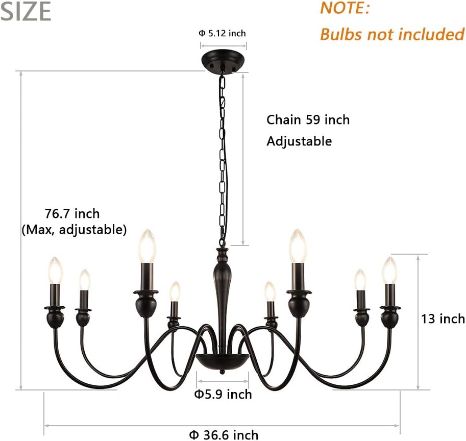 Black Farmhouse Chandelier 8 Lights Iron Vintage Candle Style Ceiling Light T123