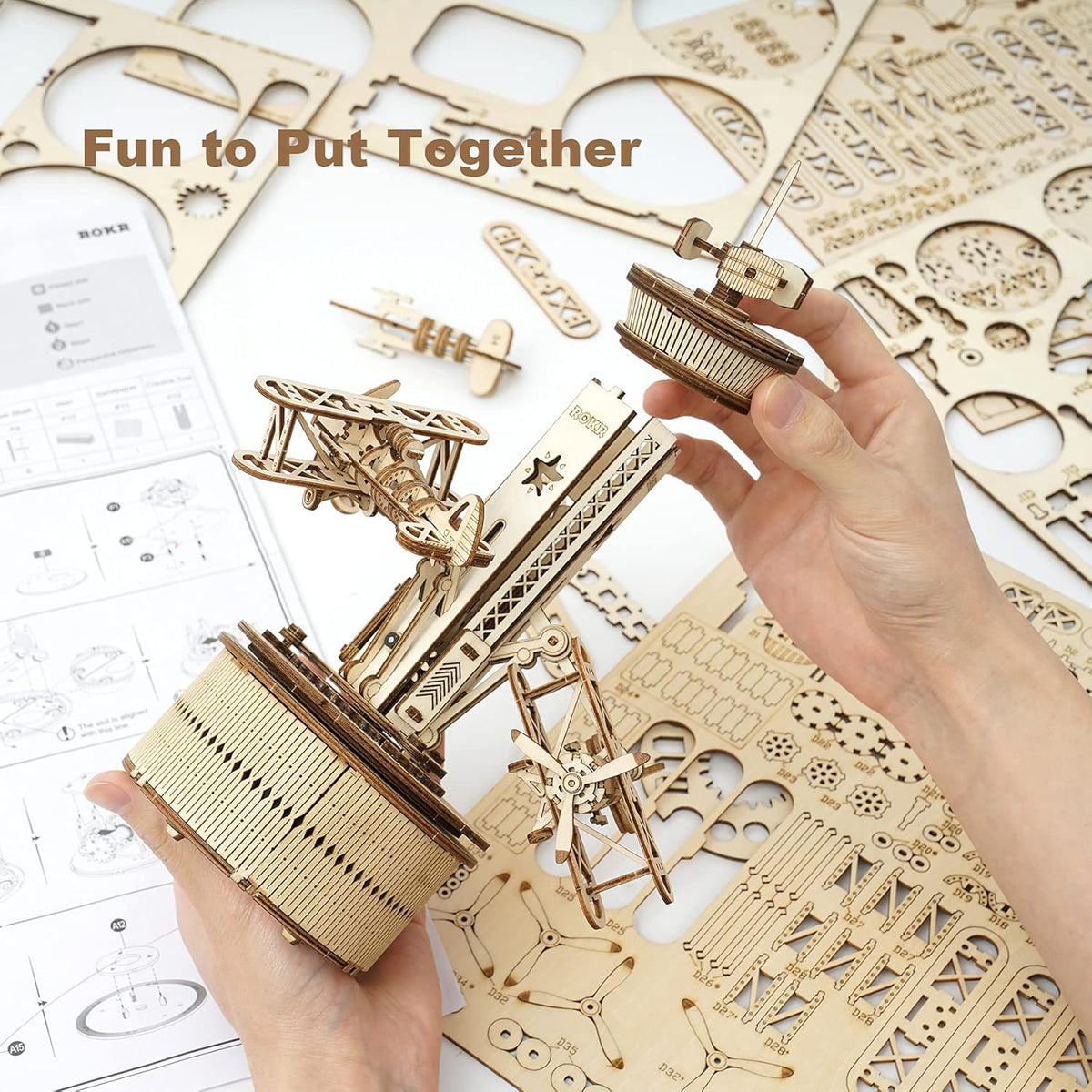 3D Wooden Puzzles Music Box DIY Model Craft Kits Mechanical Airplane-Control Tower Z238