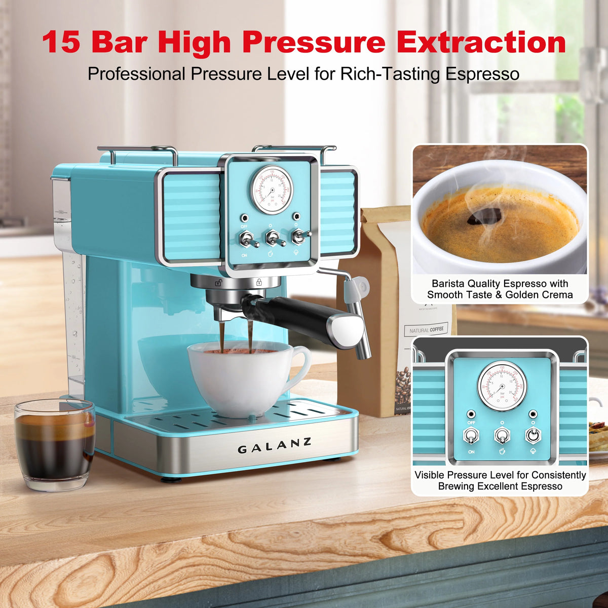 Espresso Machine with Milk Frother, 15 Bar Pump, 1.5L Removable Water Tank, Retro Red, 1350 W C61677