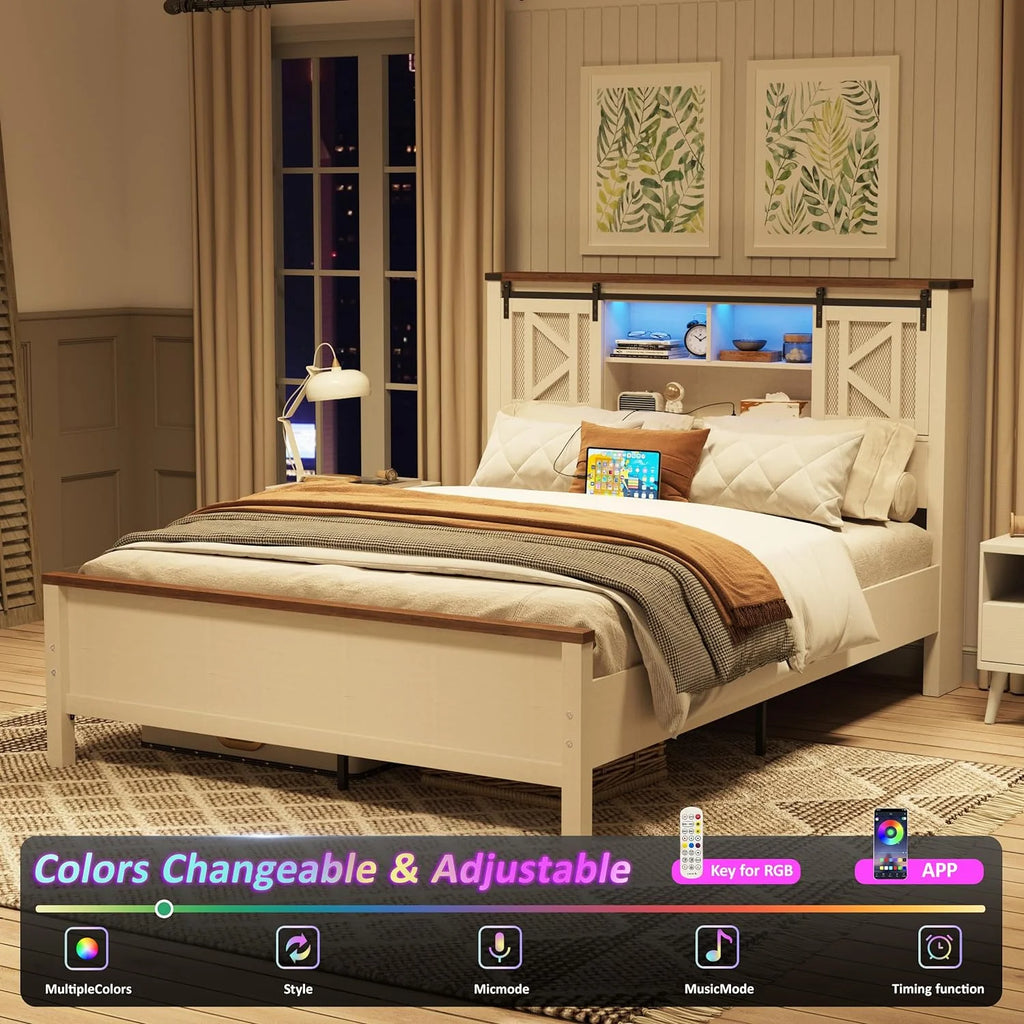 White Queen Size Metal Bed Frame with Headboard and Charging Station J601846