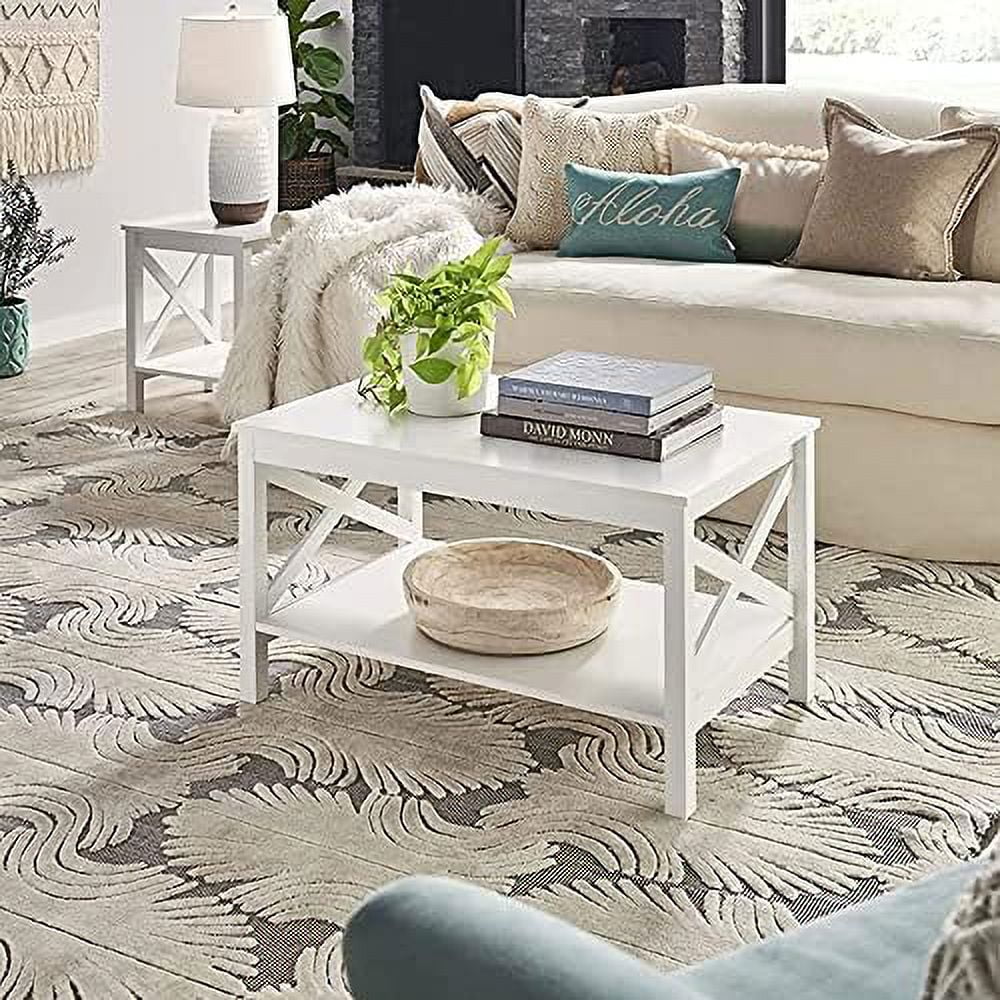 White Wood Coffee Table with Shelf F75650