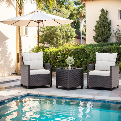 3 Piece Wicker Rattan Patio Furniture Set with Glass Table R29027