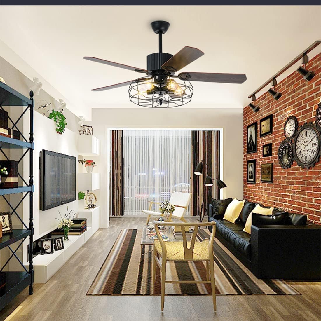 Black Industrial Ceiling Fan with Light and Remote, 5 Wood Blades, 5-Lights E26 Z9699