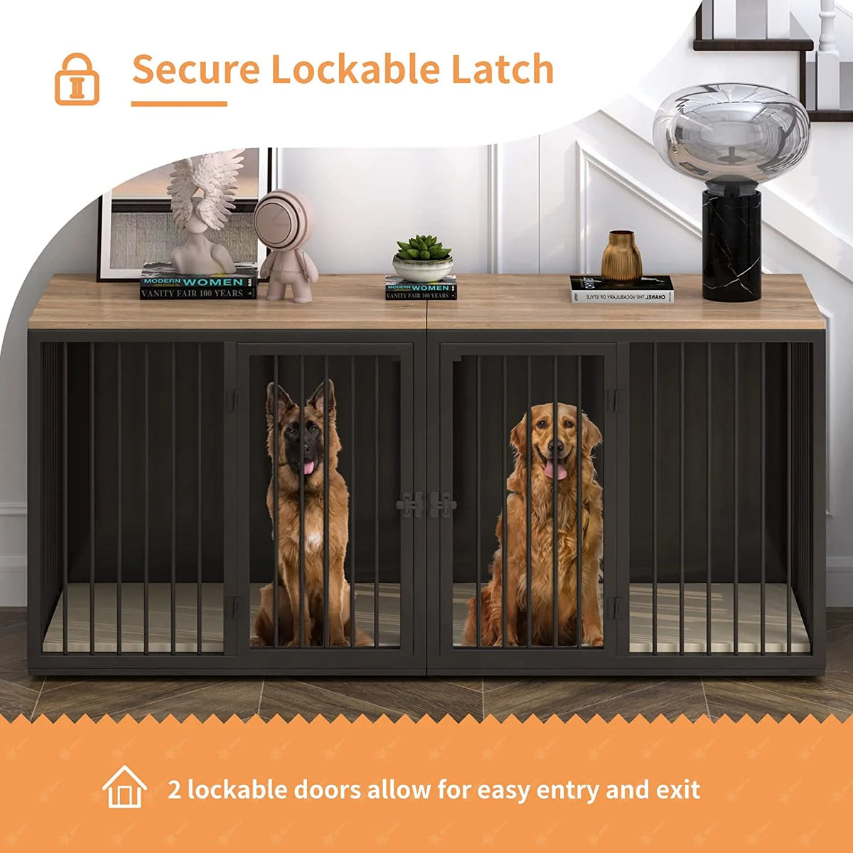 Black Large 2 Dog Steel Frame Wooden Top Crate Furniture O342