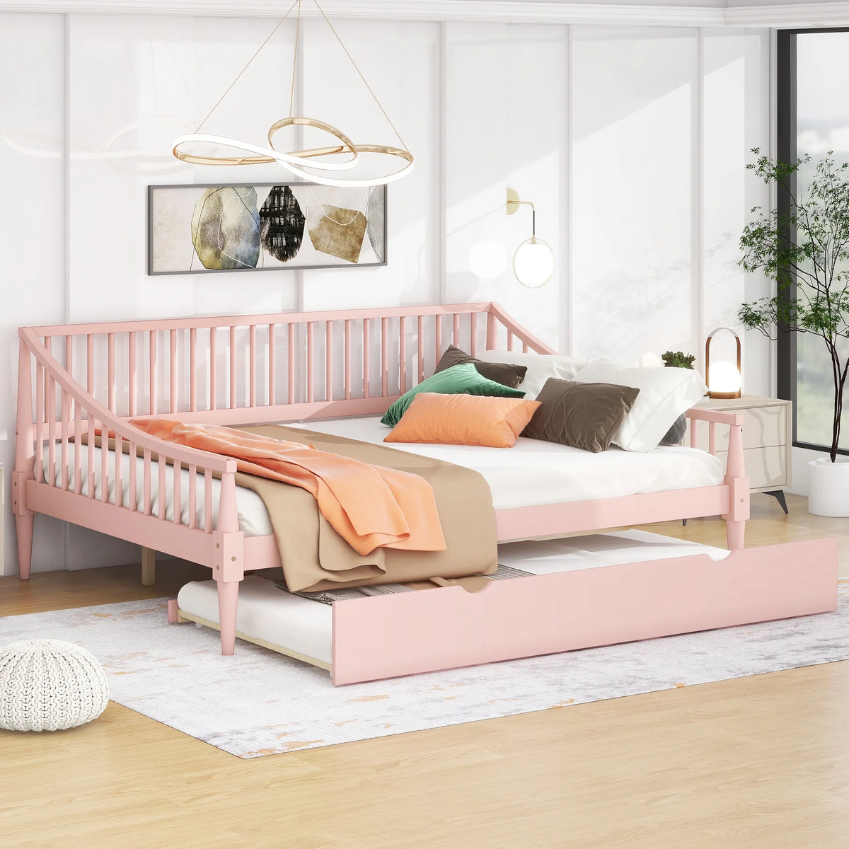 Pink Full Size Wood Daybed with Twin Trundle S845820