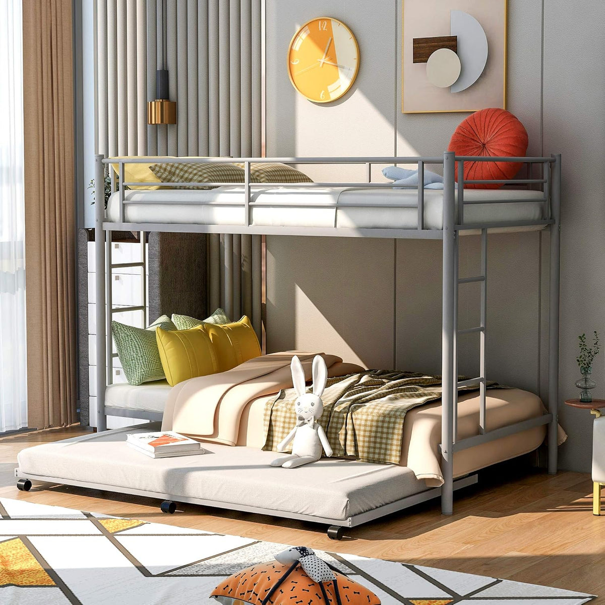 Twin Over Twin Metal Bunk Bed with Trundle and 2 Ladders (White) S46644