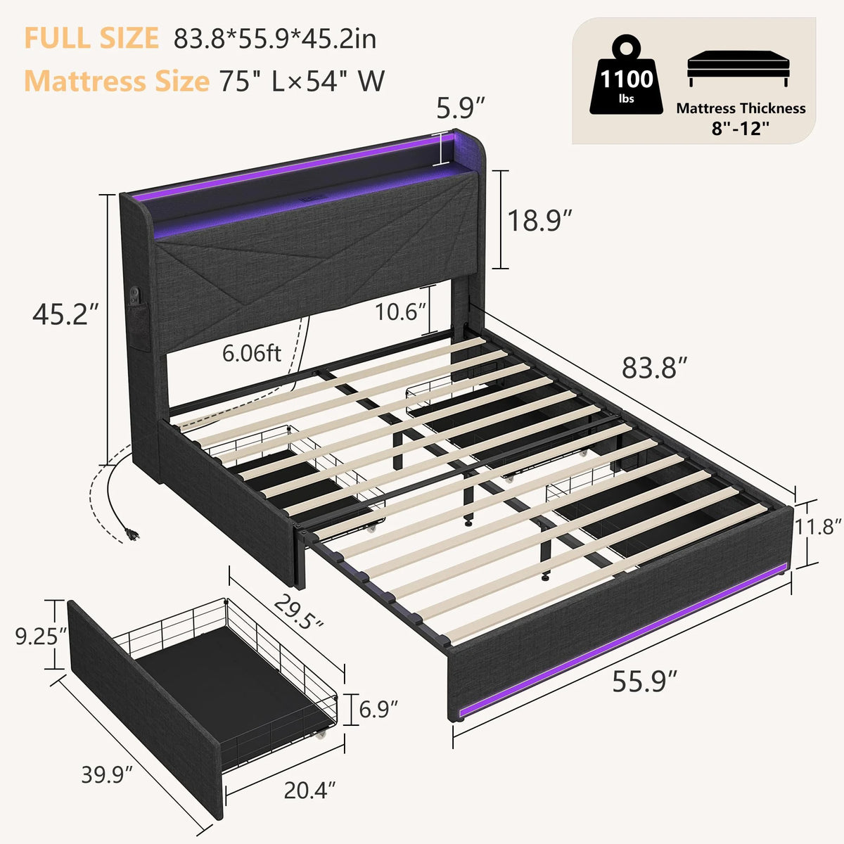 Full Size Upholstered Bed Frame with 4 Storage Drawers and LED Lights U405678