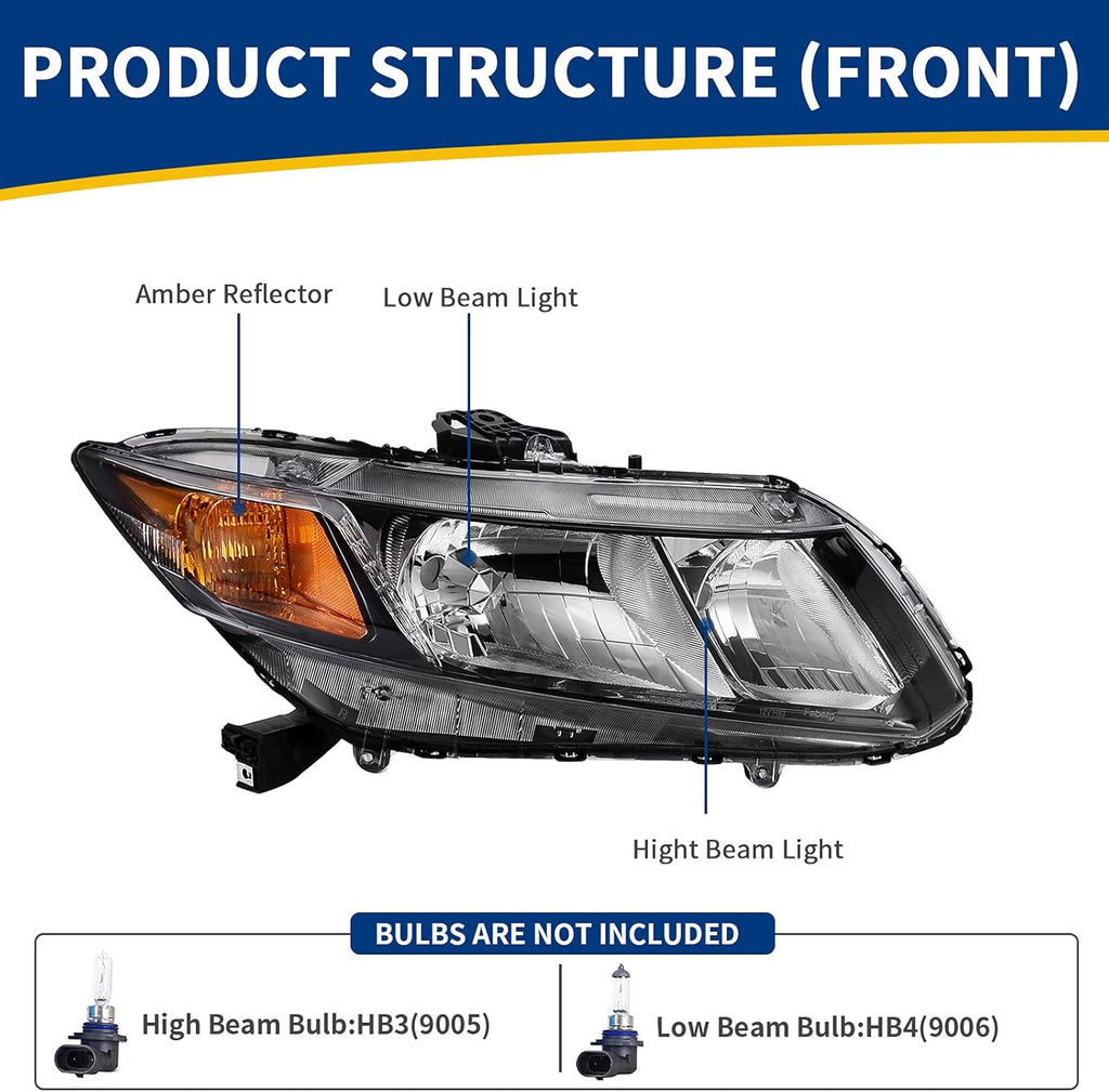 Headlight Assembly Compatible with 2012 2015 Civic Sedan 4-Door Coupe 2-Door Black Housing Amber Reflector Y169211