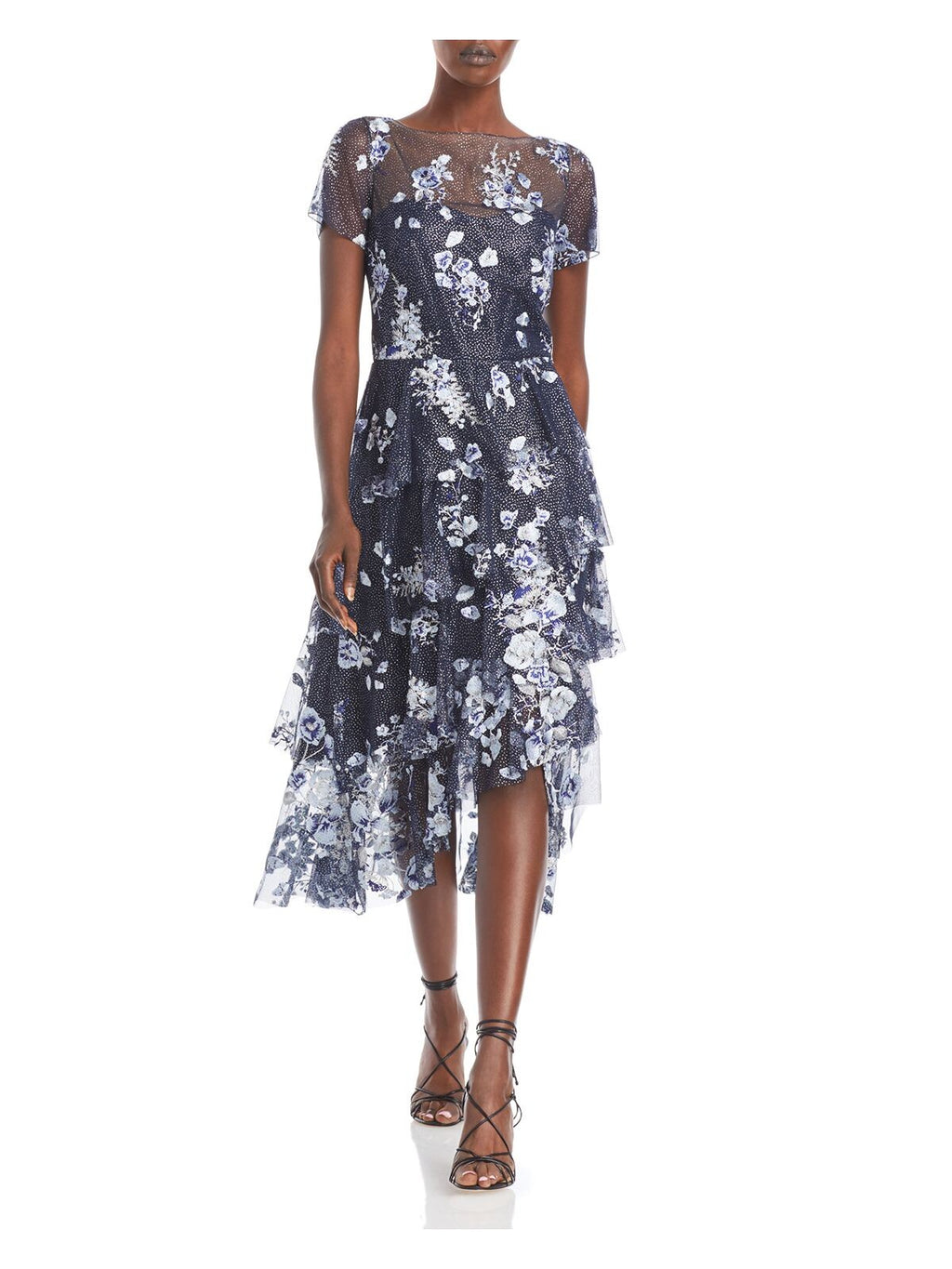 Navy Embroidered Zippered Ruffled Glitter Mesh Floral Short Sleeve Midi Cocktail Dress D38531