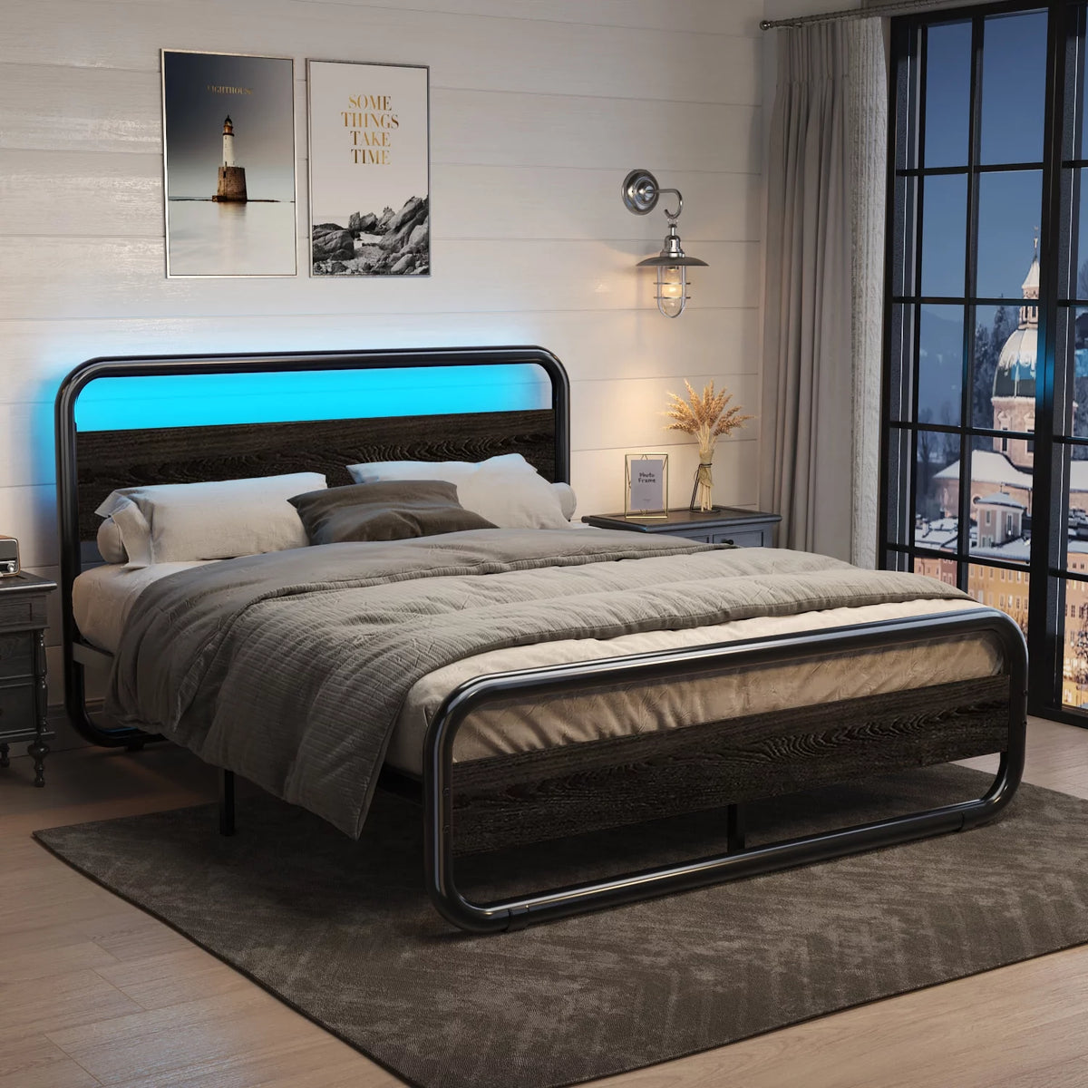 Queen Size Metal Platform Bed Frame with Wooden Headboard T347294