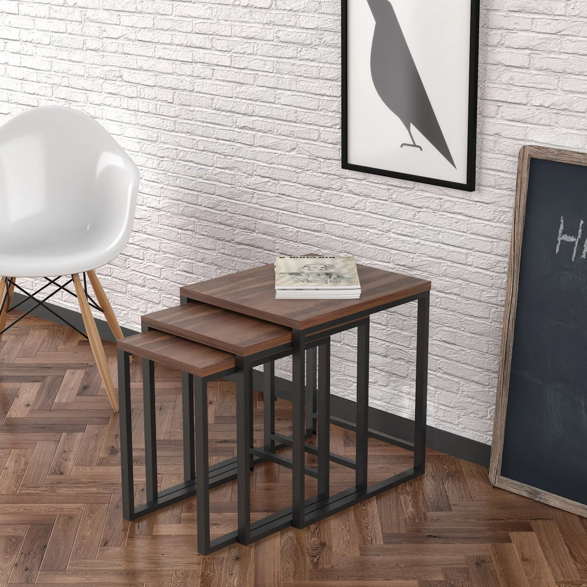 3 pcs Nesting Table Metal Legs Wood Top Walnut A68751