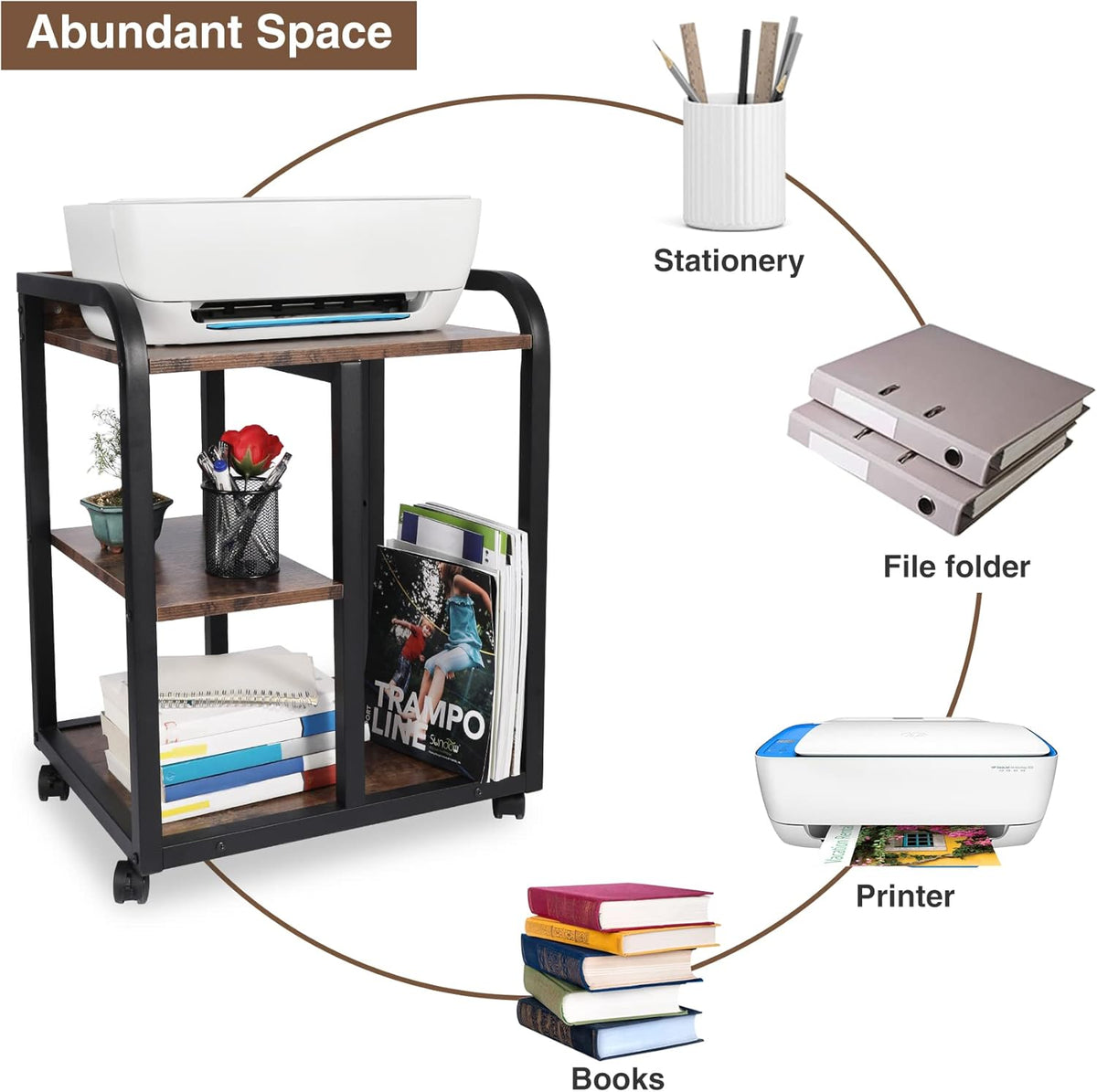 Brown 3 Tier Rolling Printer Cart with Storage N32695
