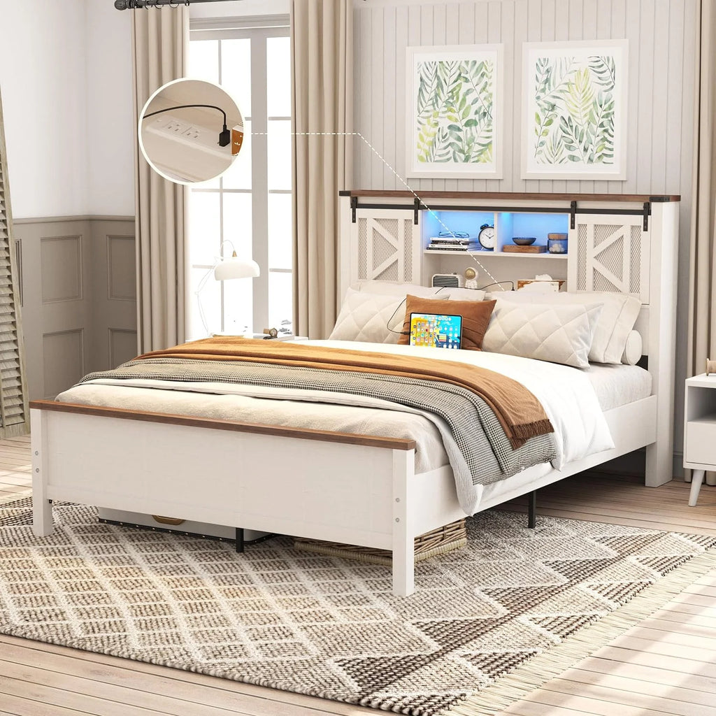 White Queen Size Metal Bed Frame with Headboard and Charging Station J601846