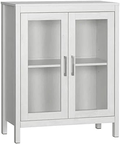 White Wooden Bathroom Floor Cabinet with Double Glass Doors and Adjustable Shelves L965