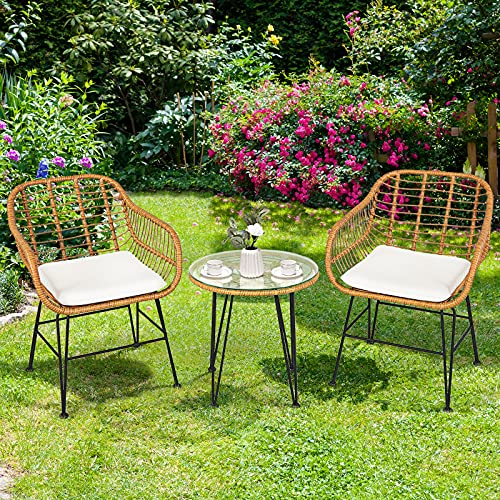 3 Pieces Outdoor Wicker Bistro Set with Cushions D914