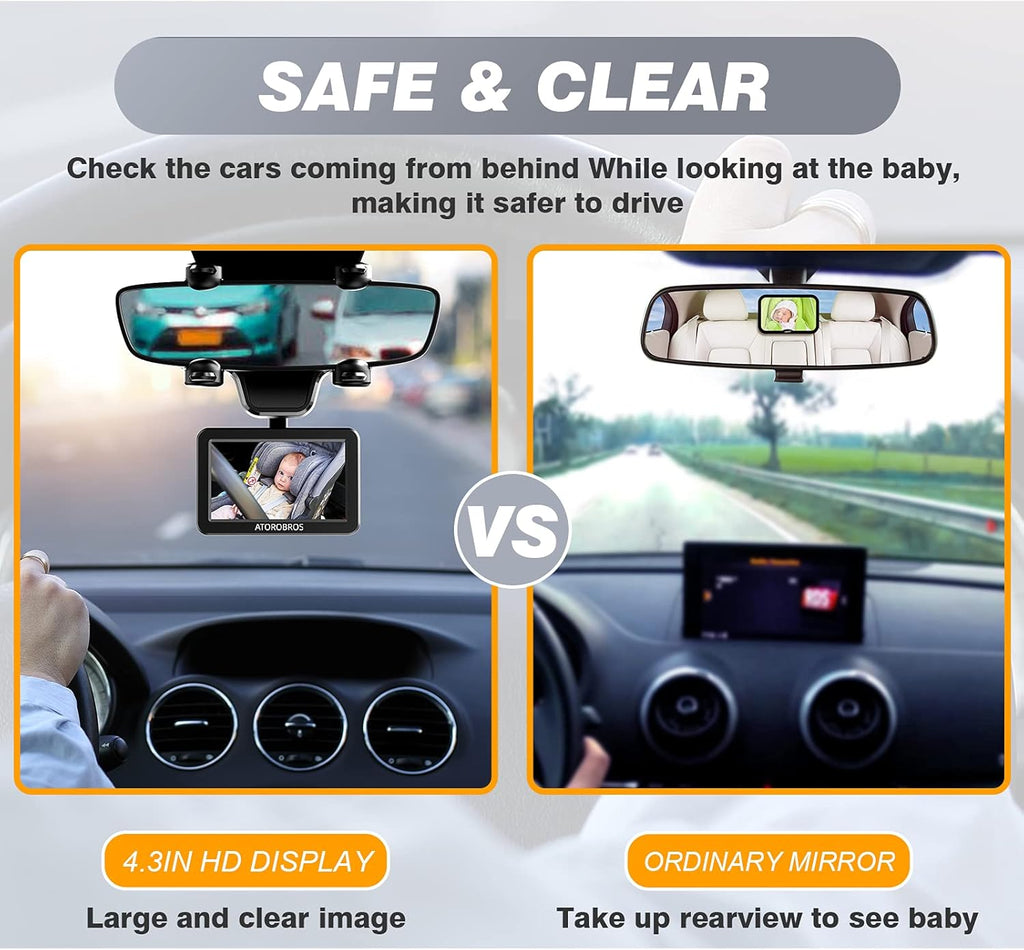 Baby Car Camera with 4.3'' HD Display, 1080P Night Vision, 360° Rearview Mirror Display Bracket O26401