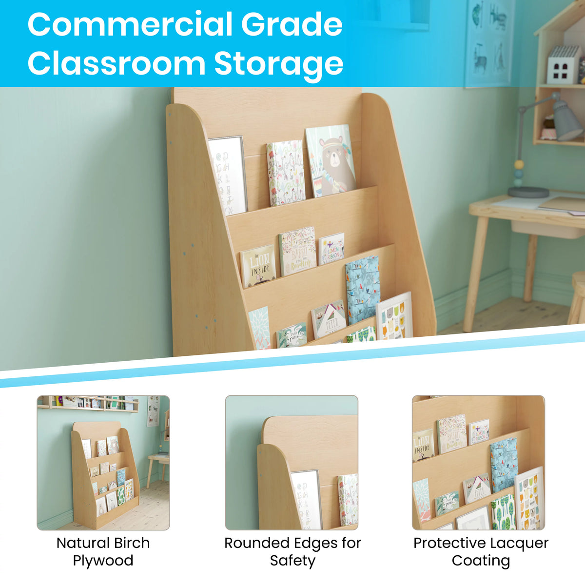 Natural Wood Book Storage Shelf with 4 Storage Slats E12454