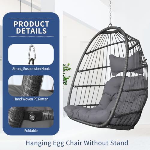 Egg Chair with Cushions, 350lbs Capacity Wicker Hanging Chair, Gray Z912