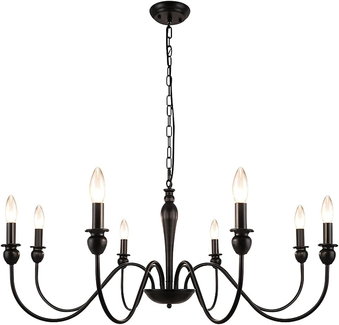 Black Farmhouse Chandelier 8 Lights Iron Vintage Candle Style Ceiling Light T123