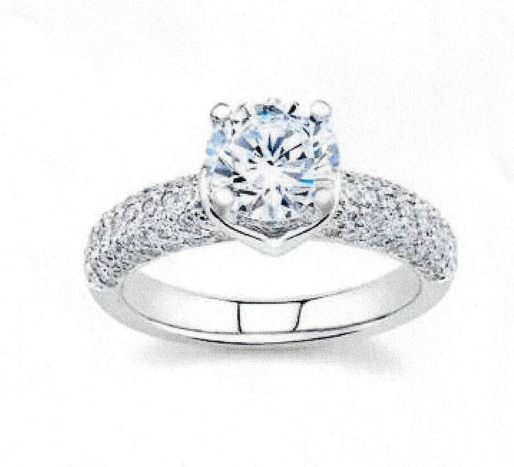 Pave Diamond Engagement Ring with 1 Carat Natural White Sapphire and 0.60 Carats Diamonds V3501