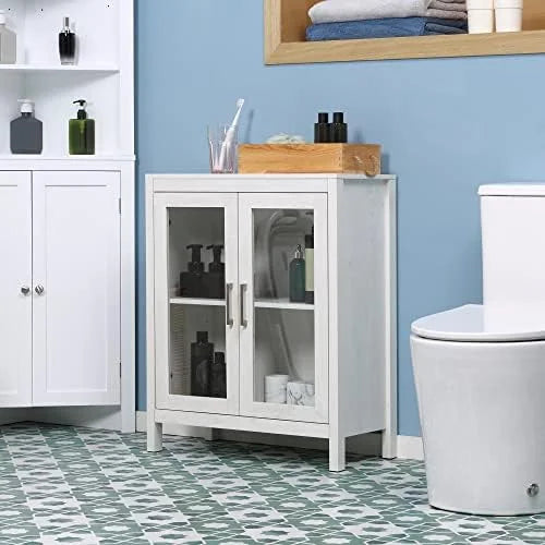 White Wooden Bathroom Floor Cabinet with Double Glass Doors and Adjustable Shelves L965