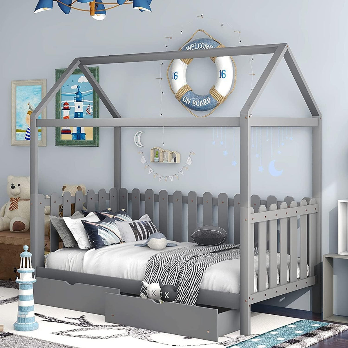 White Twin House Bed with Trundle E874