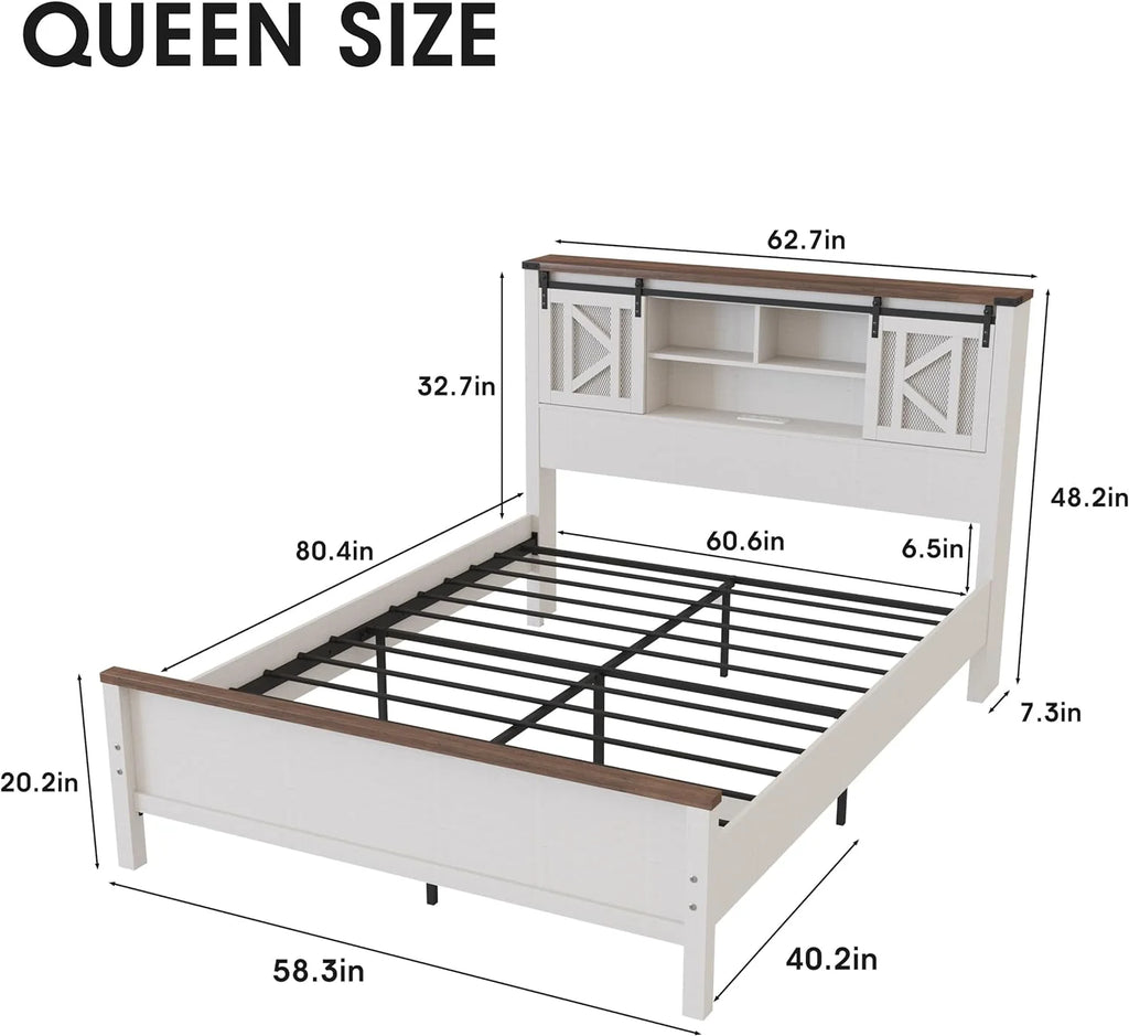 White Queen Size Metal Bed Frame with Headboard and Charging Station J601846