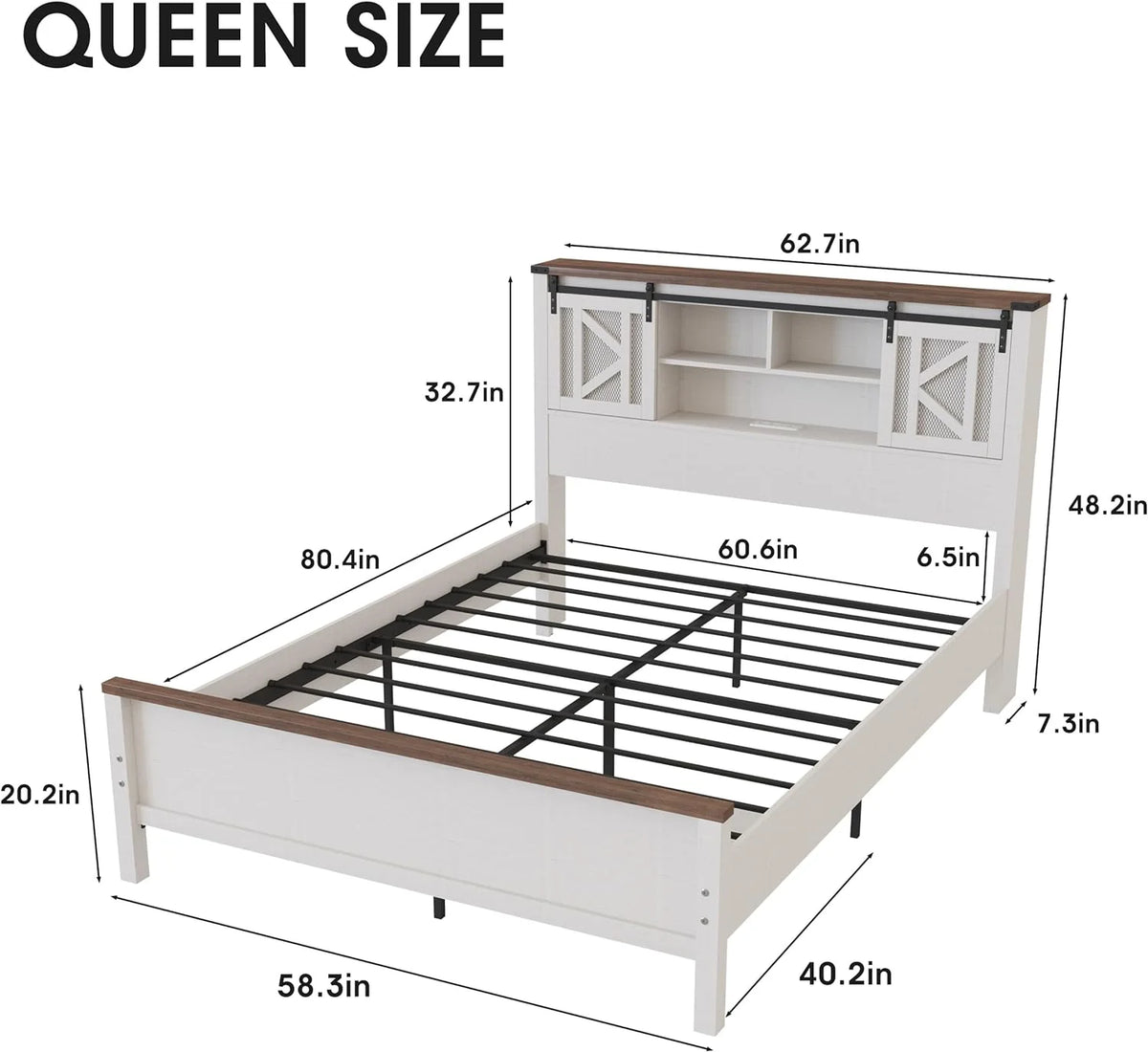 White Queen Size Metal Bed Frame with Headboard and Charging Station J601846