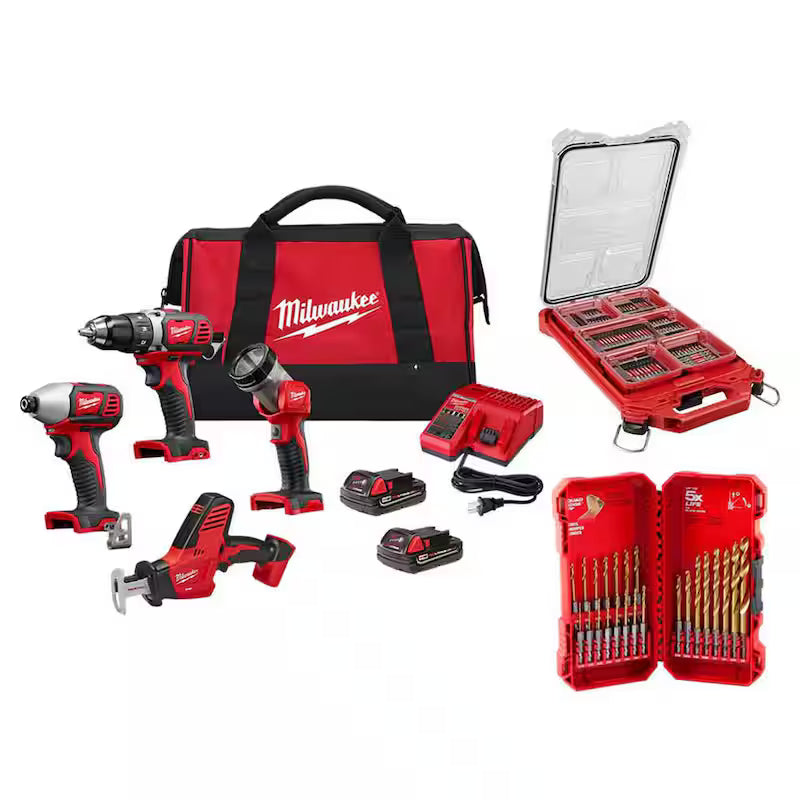 18V Cordless 4-Tool Combo Kit with Screwdriver Bit Set and Drill Bit Set P365