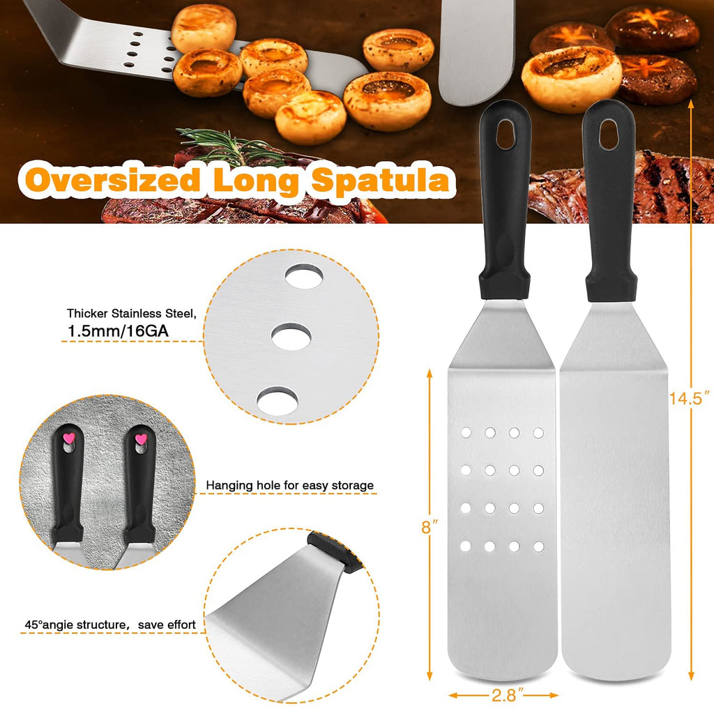 Griddle Tool Set Flat Top Grill Accessories Kit with 304 Melting Dome Lid, Spatulas, Scraper, Egg Rings, Burger Press Carrying Bag & Squirt Bottles A37412