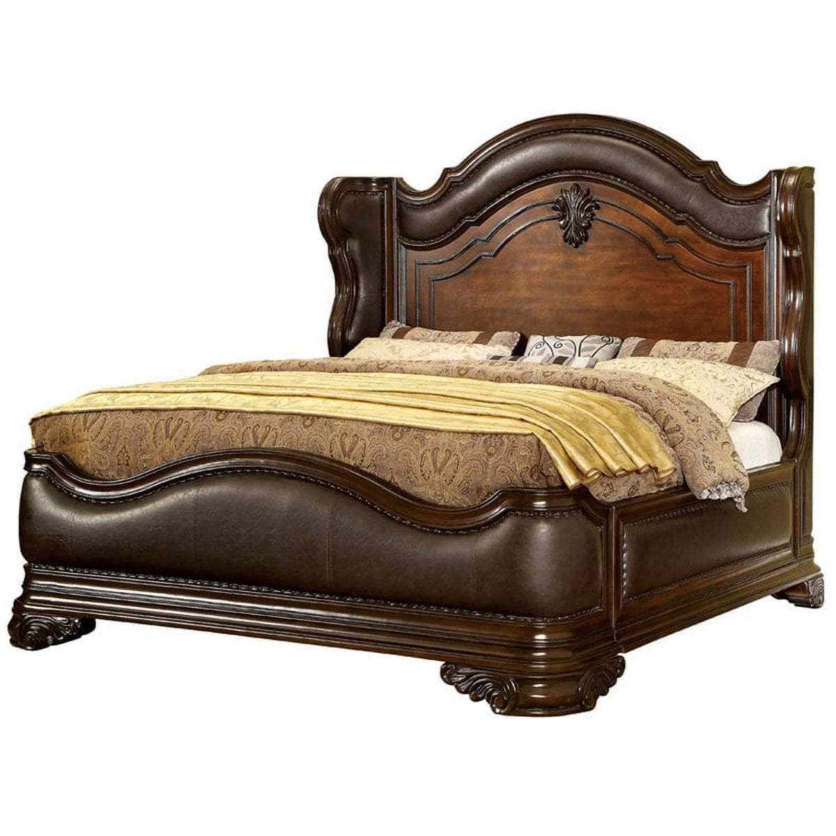 Brown Cherry Faux Leather Cal King Wingback Bed N493285