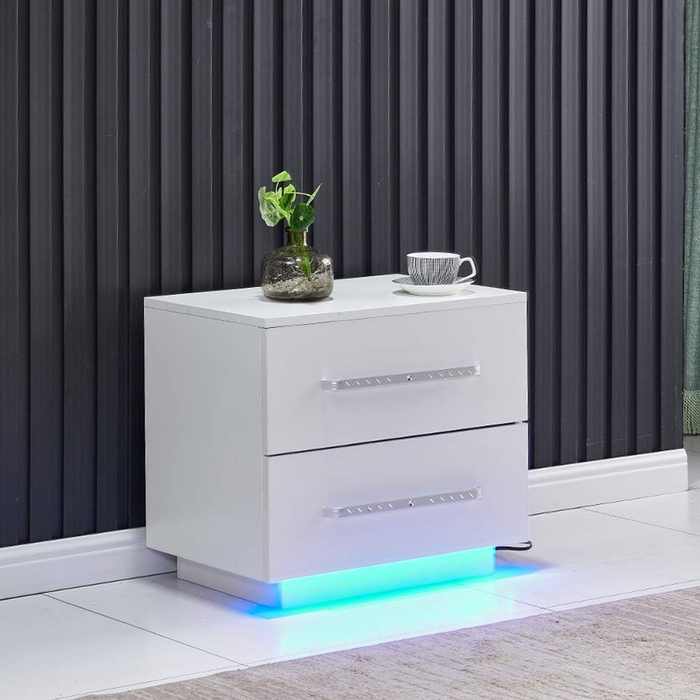 White High Gloss Bedside Table with 2 Storage Drawers and LED Lights M866