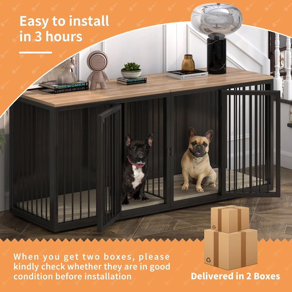 Black Large 2 Dog Steel Frame Wooden Top Crate Furniture O342