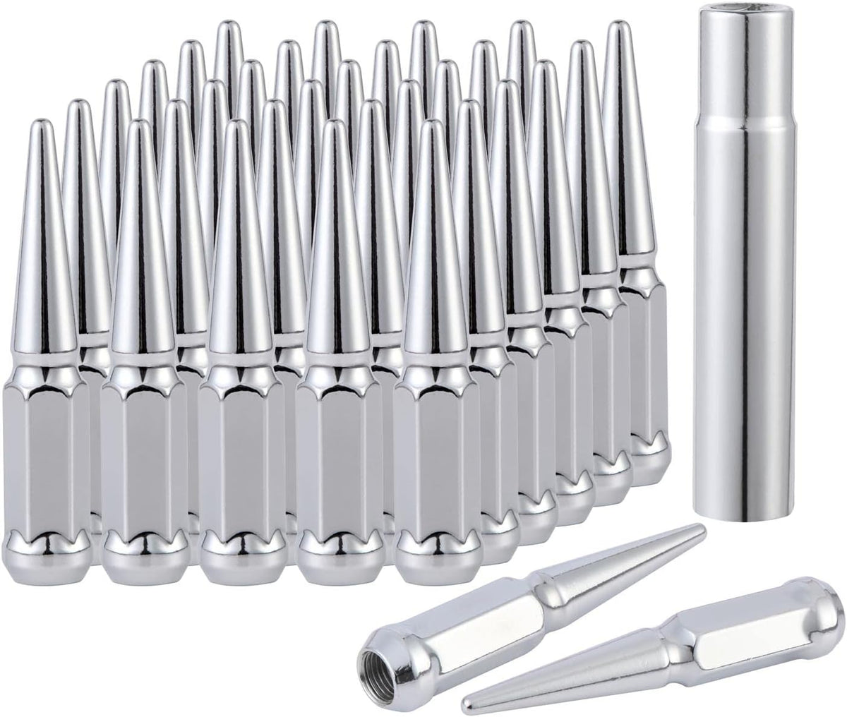 M14x1.5 Spike Lug Nuts with Cone Seat, 3/4" 19mm Hex, Chrome, Set of 24 T7744