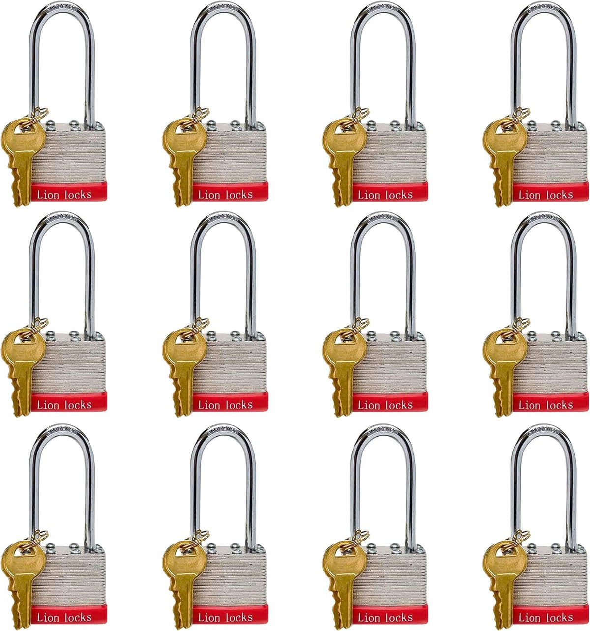 24 Keyed-Alike Padlocks with Long Shackle, 48 Keys, Hardened Steel Case, Brass Pin Cylinder I75937