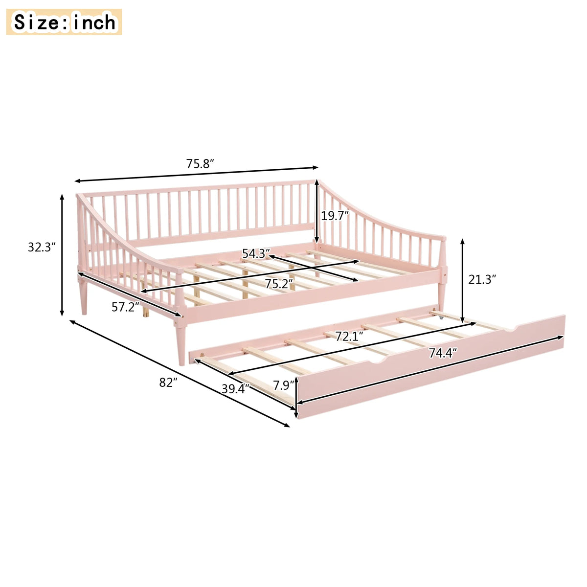 Pink Full Size Wood Daybed with Twin Trundle S845820