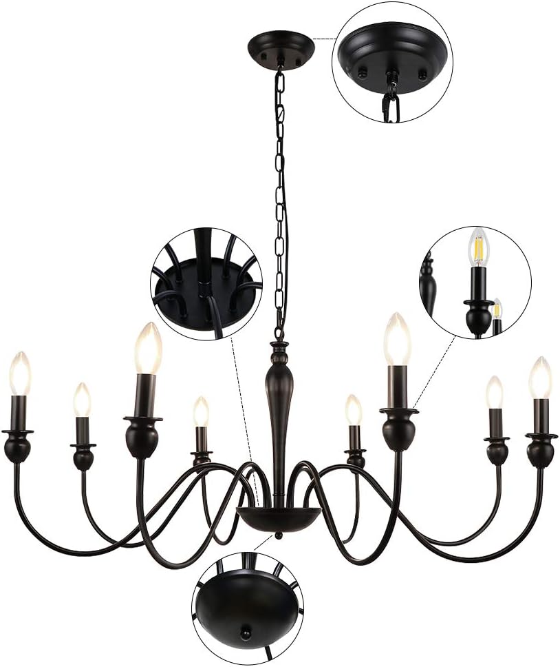 Black Farmhouse Chandelier 8 Lights Iron Vintage Candle Style Ceiling Light T123