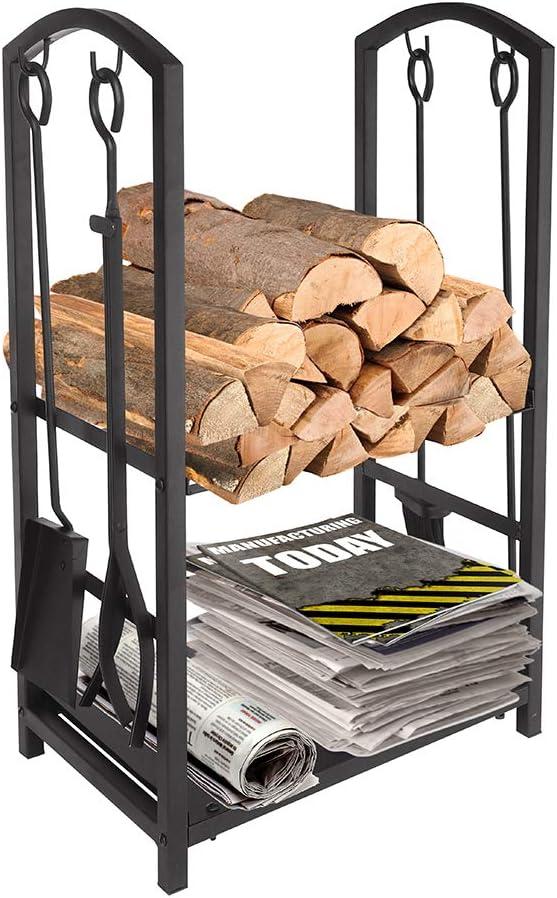 Black Wrought Iron Firewood Cart with Large Wheels F1326