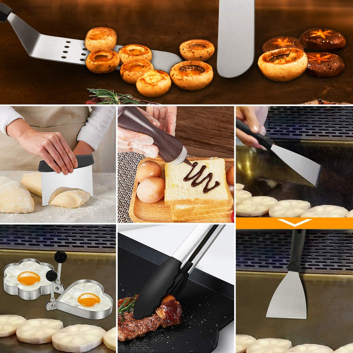 Griddle Tool Set Flat Top Grill Accessories Kit with 304 Melting Dome Lid, Spatulas, Scraper, Egg Rings, Burger Press Carrying Bag & Squirt Bottles A37412