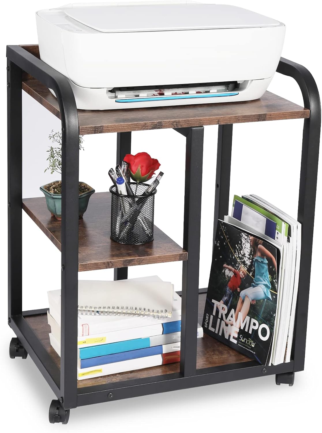 Brown 3 Tier Rolling Printer Cart with Storage N32695