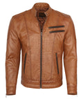 Camel Lambskin Leather Biker Jacket Size L P242