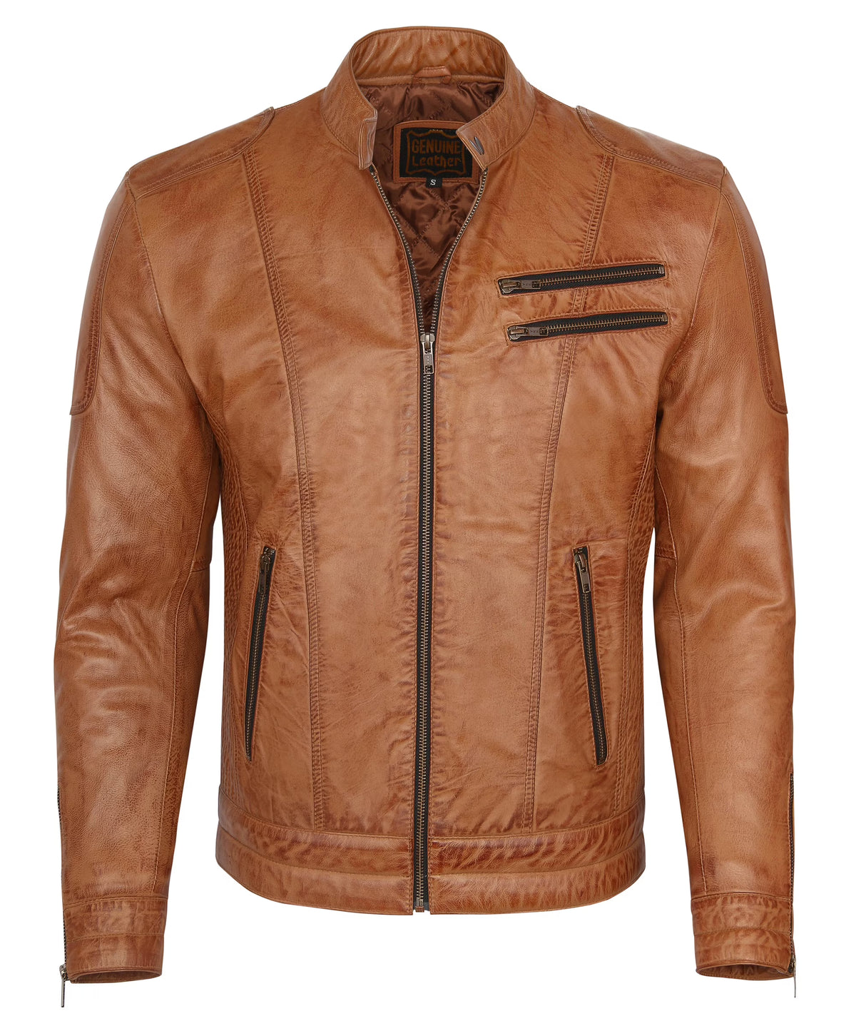 Camel Lambskin Leather Biker Jacket Size L P242