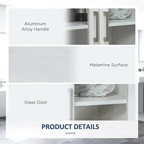White Wooden Bathroom Floor Cabinet with Double Glass Doors and Adjustable Shelves L965