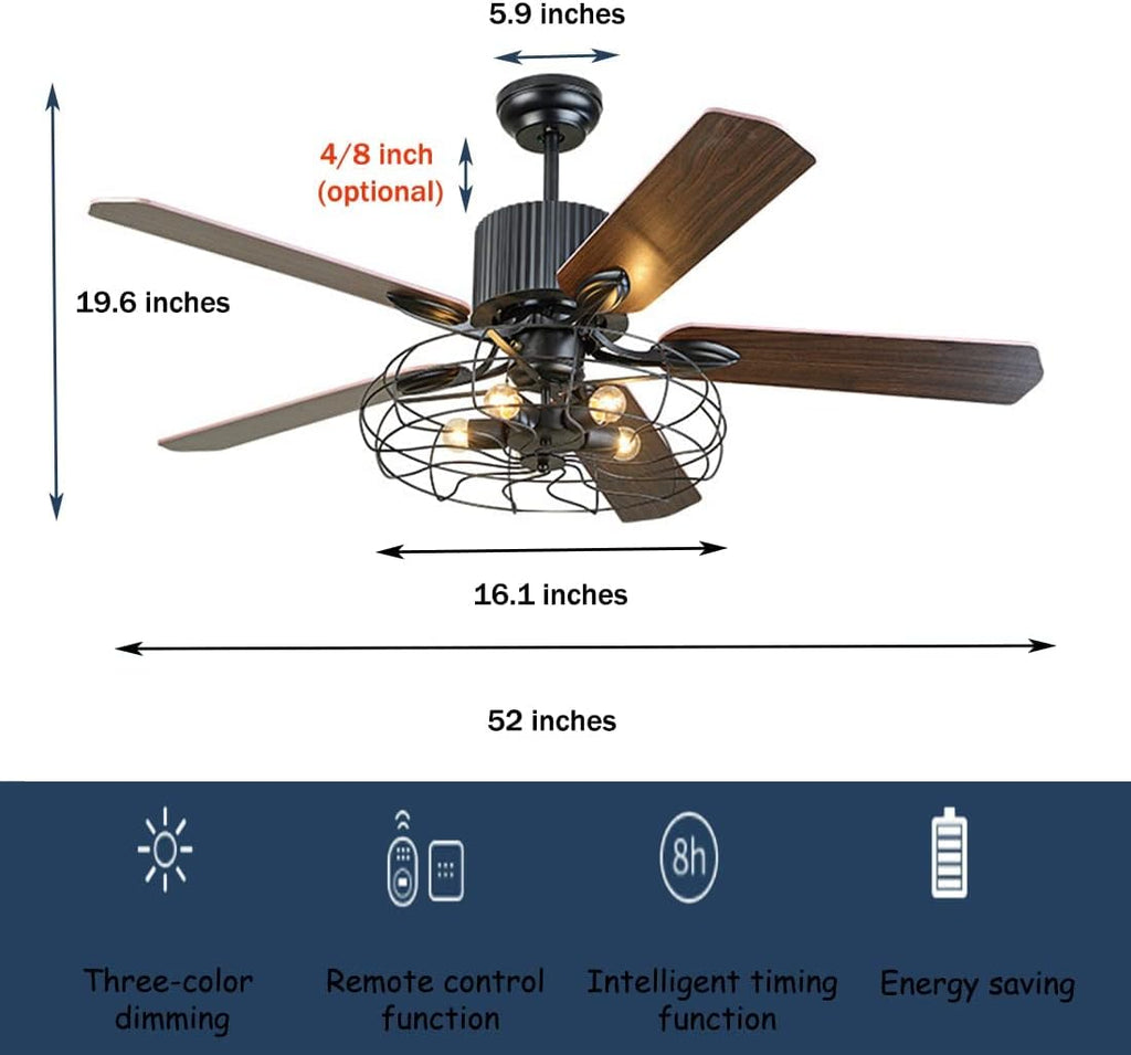 Black Industrial Ceiling Fan with Light and Remote, 5 Wood Blades, 5-Lights E26 Z9699